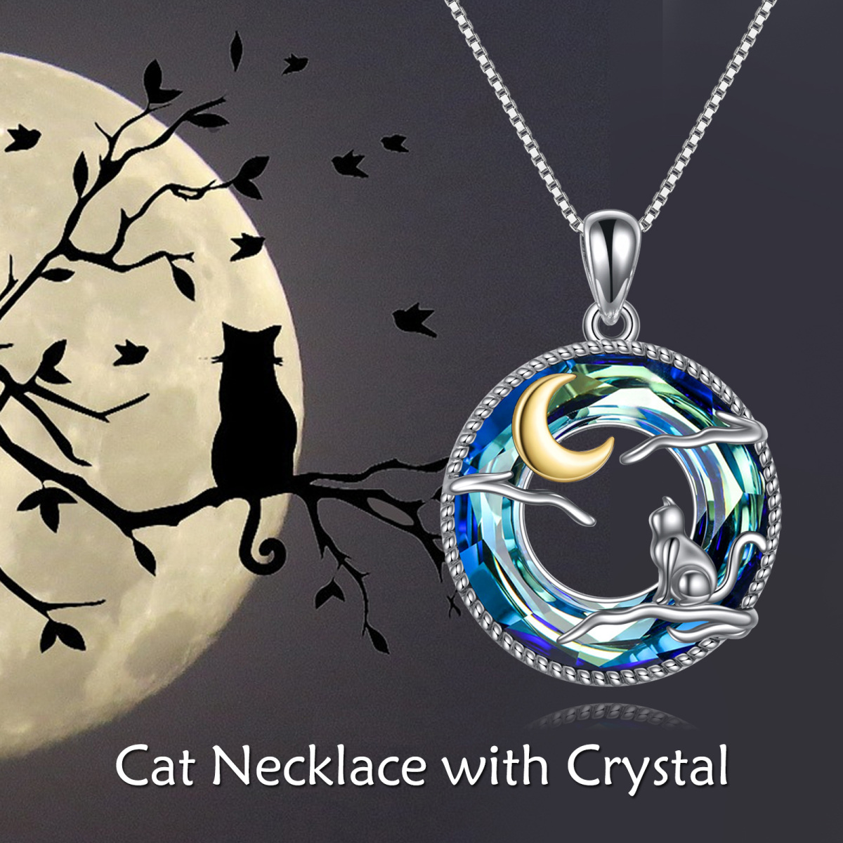 Collier avec pendentif en cristal de lune et de chat en forme de cercle en argent sterling bicolore-6