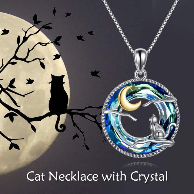 Sterling Silver Two-tone Circular Shaped Cat & Moon Crystal Pendant Necklace-5