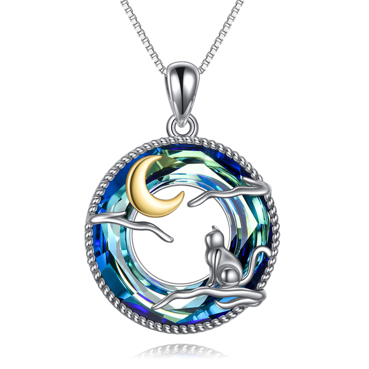 Sterling Silver Two-tone Circular Shaped Cat & Moon Crystal Pendant Necklace-1