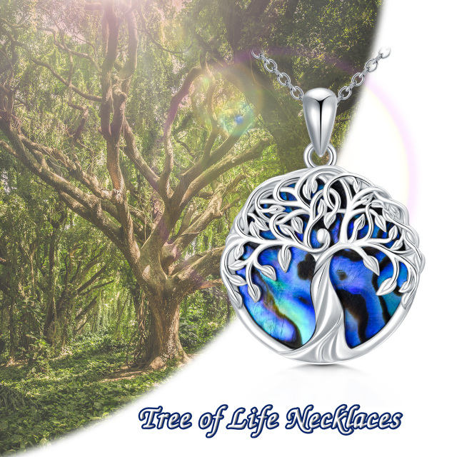 Sterling Silver Circular Shaped Abalone Shellfish Tree Of Life Pendant Necklace-5