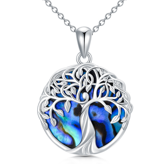 Sterling Silver Circular Shaped Abalone Shellfish Tree Of Life Pendant Necklace-1