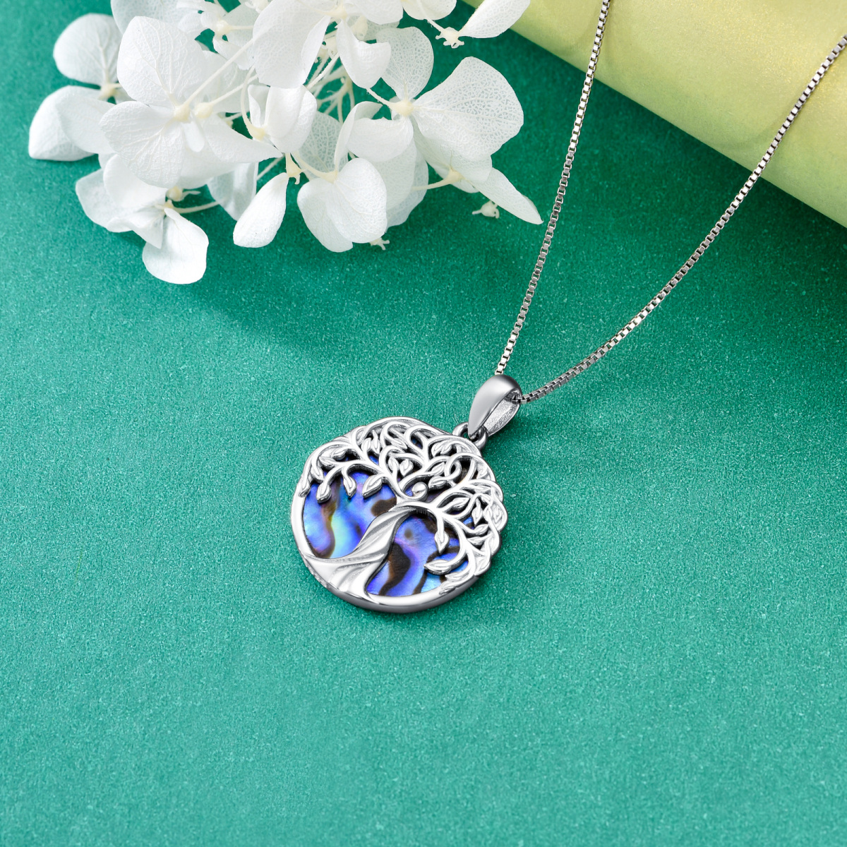 Sterling Silver Circular Shaped Abalone Shellfish Tree Of Life Pendant Necklace-3