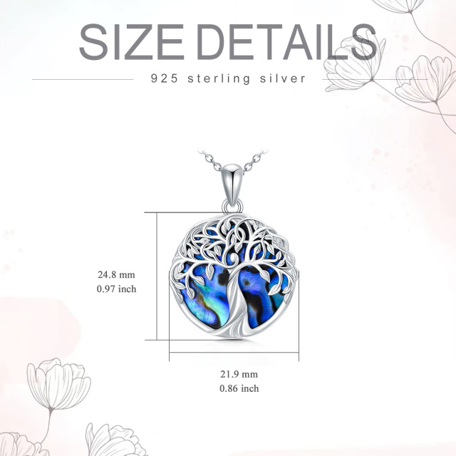 Sterling Silver Circular Shaped Abalone Shellfish Tree Of Life Pendant Necklace-4