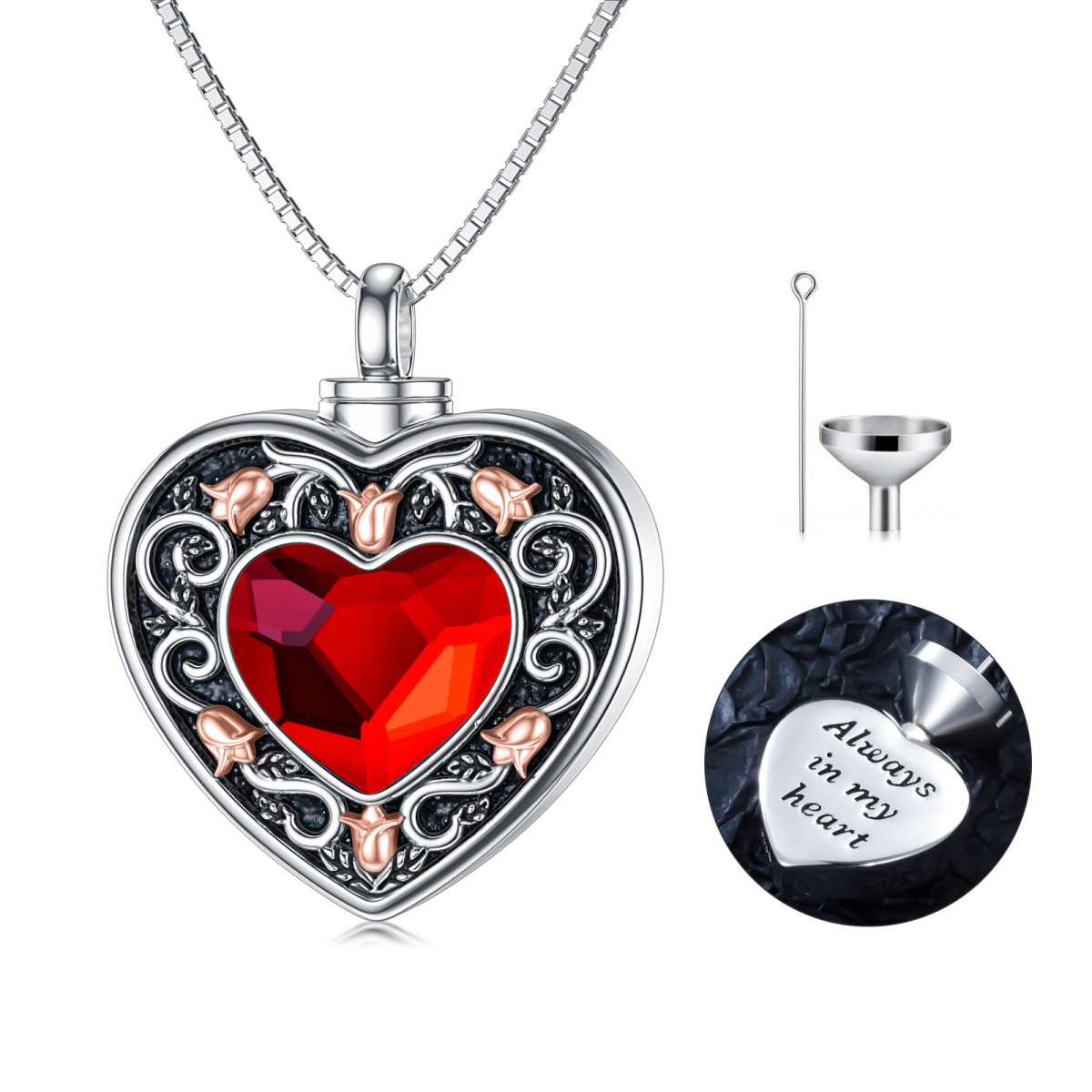 Sterling Silver Two-tone Heart Shaped Crystal Rose & Heart Urn Necklace for Ashes with Engraved Word-1
