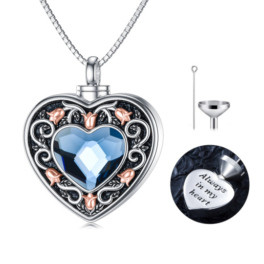 Srebrny, dwukolorowy naszyjnik z kryształową różą i urną w kształcie serca na prochy z wygrawerowanym słowem