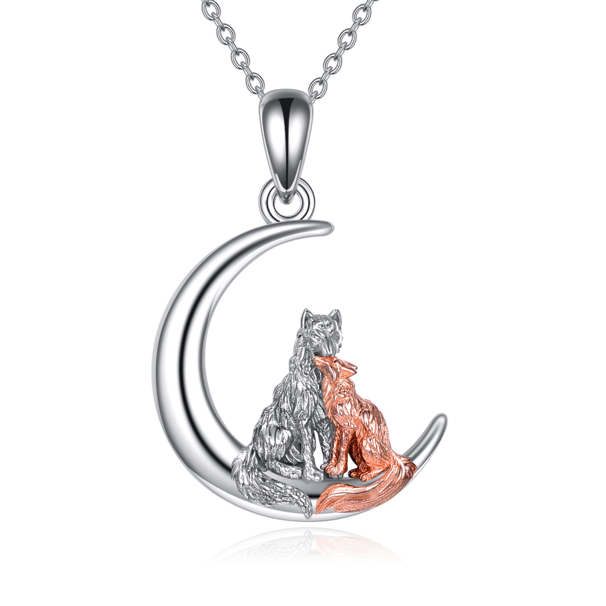 Collier en argent sterling avec pendentif renard, loup et lune bicolores-1