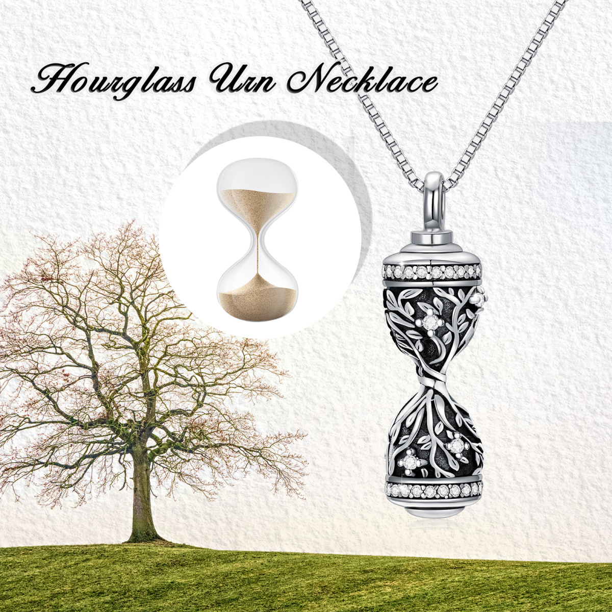 Sterling Silver Cubic Zirconia Tree Of Life & Hourglass Urn Necklace for Ashes-5