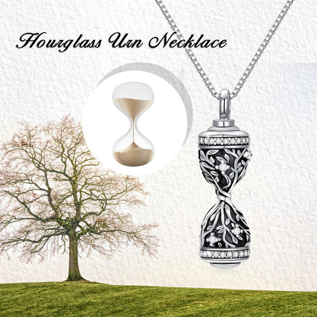 Sterling Silver Cubic Zirconia Tree Of Life & Hourglass Urn Necklace for Ashes-4