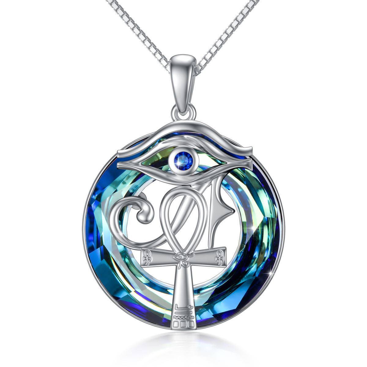Sterling Silber kreisförmig Ankh & Auge des Horus Kristall Anhänger Halskette-1