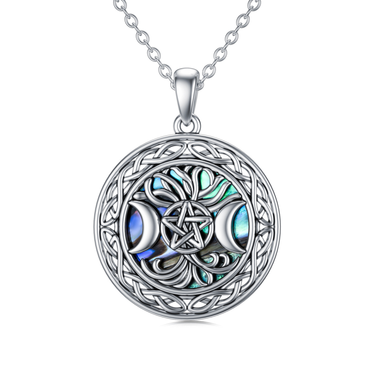 Sterling Silver Round Abalone Shellfish Tree Of Life & Moon & Pentagram Pendant Necklace-1