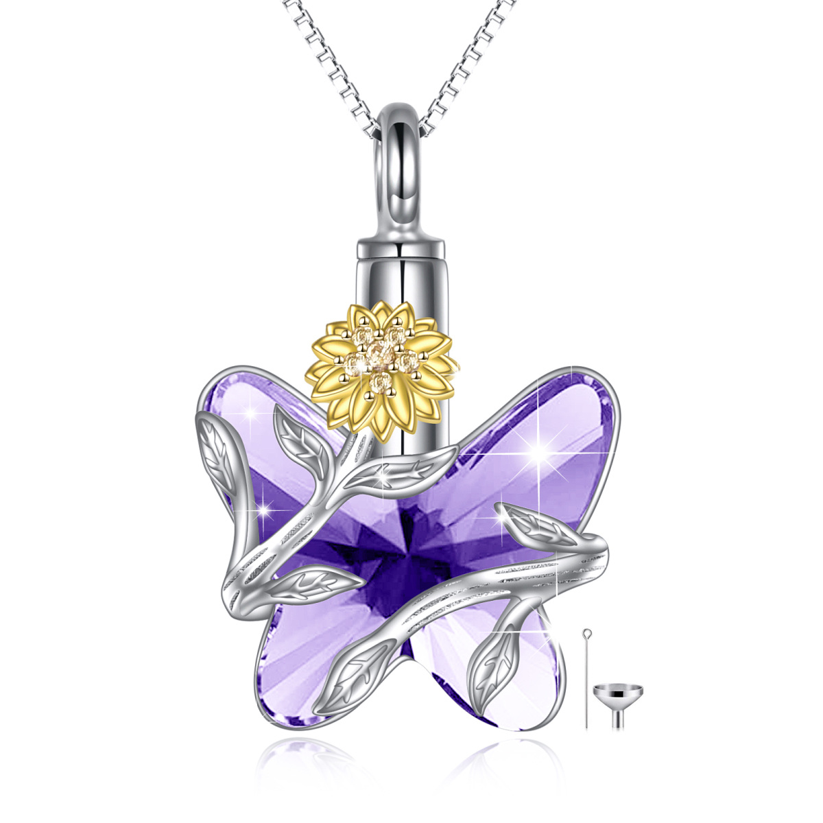 Sterling Silver Amethyst Butterfly & Sunflower Urn Necklace for Ashes with Engraved Word-1