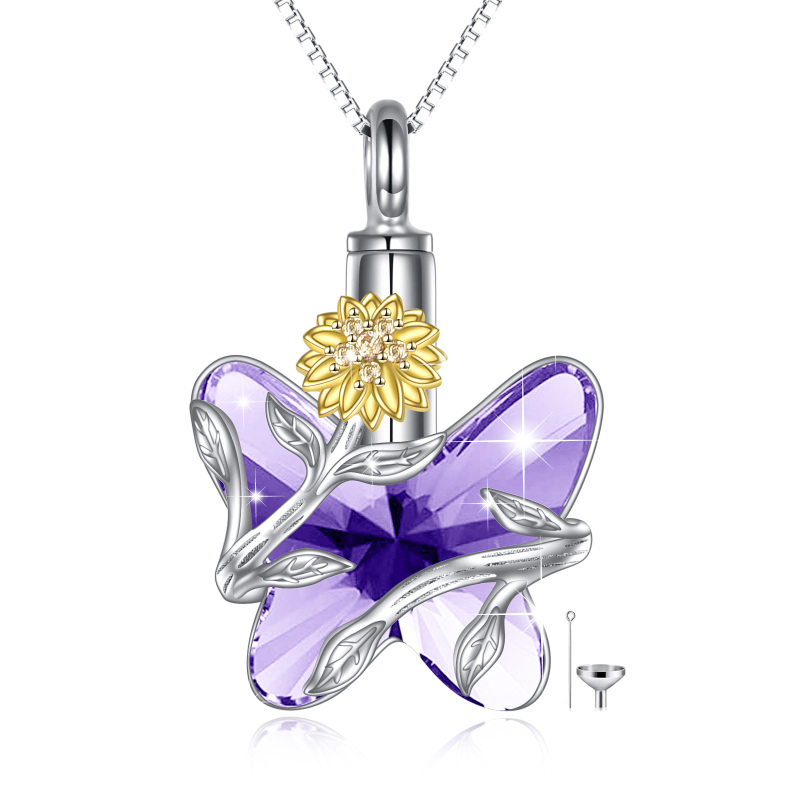 Sterling Silver Amethyst Butterfly & Sunflower Urn Necklace for Ashes with Engraved Word