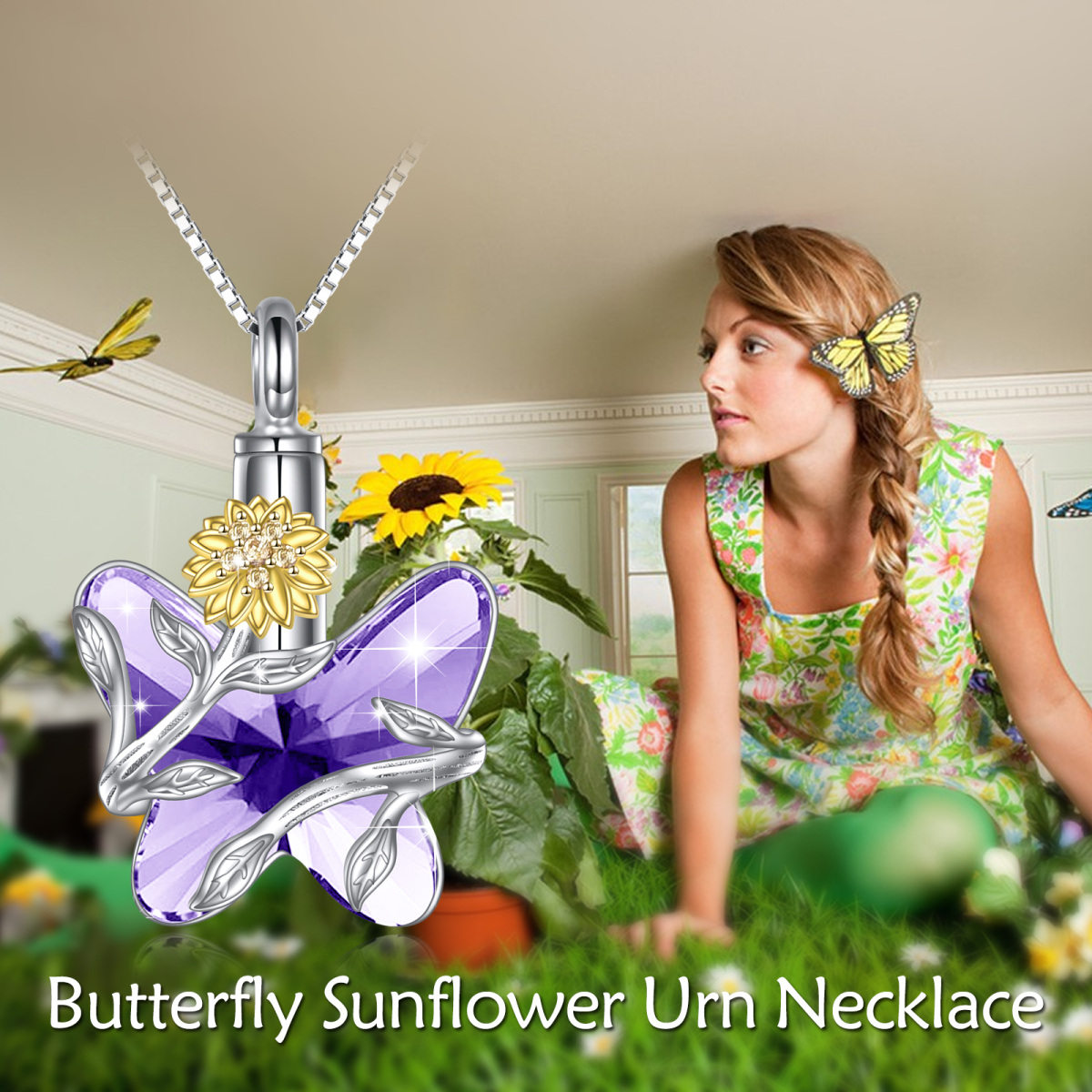 Sterling Silver Amethyst Butterfly & Sunflower Urn Necklace for Ashes with Engraved Word-6