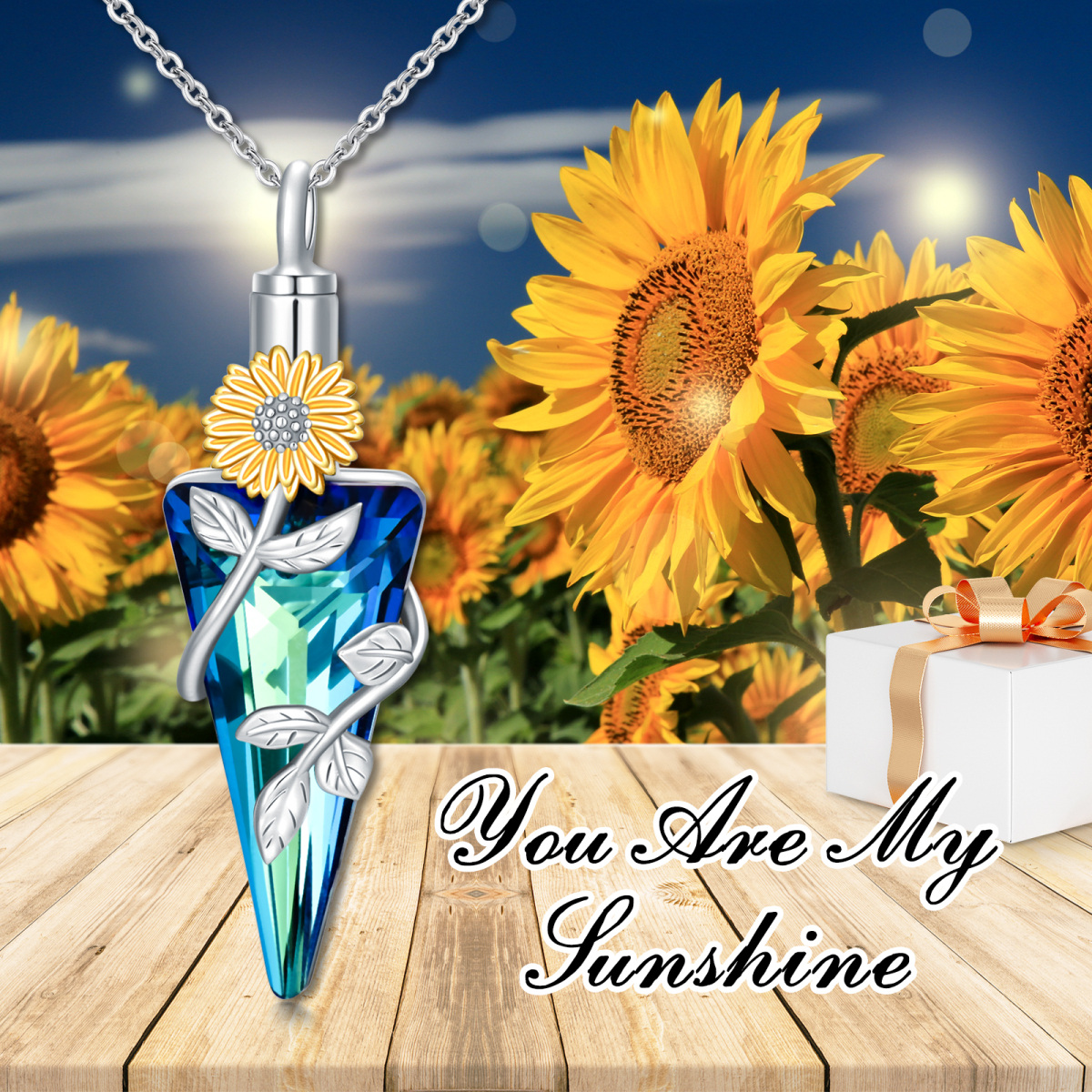 Sterling Silver Crystal Sunflower & Triangle Urn Necklace for Ashes-6