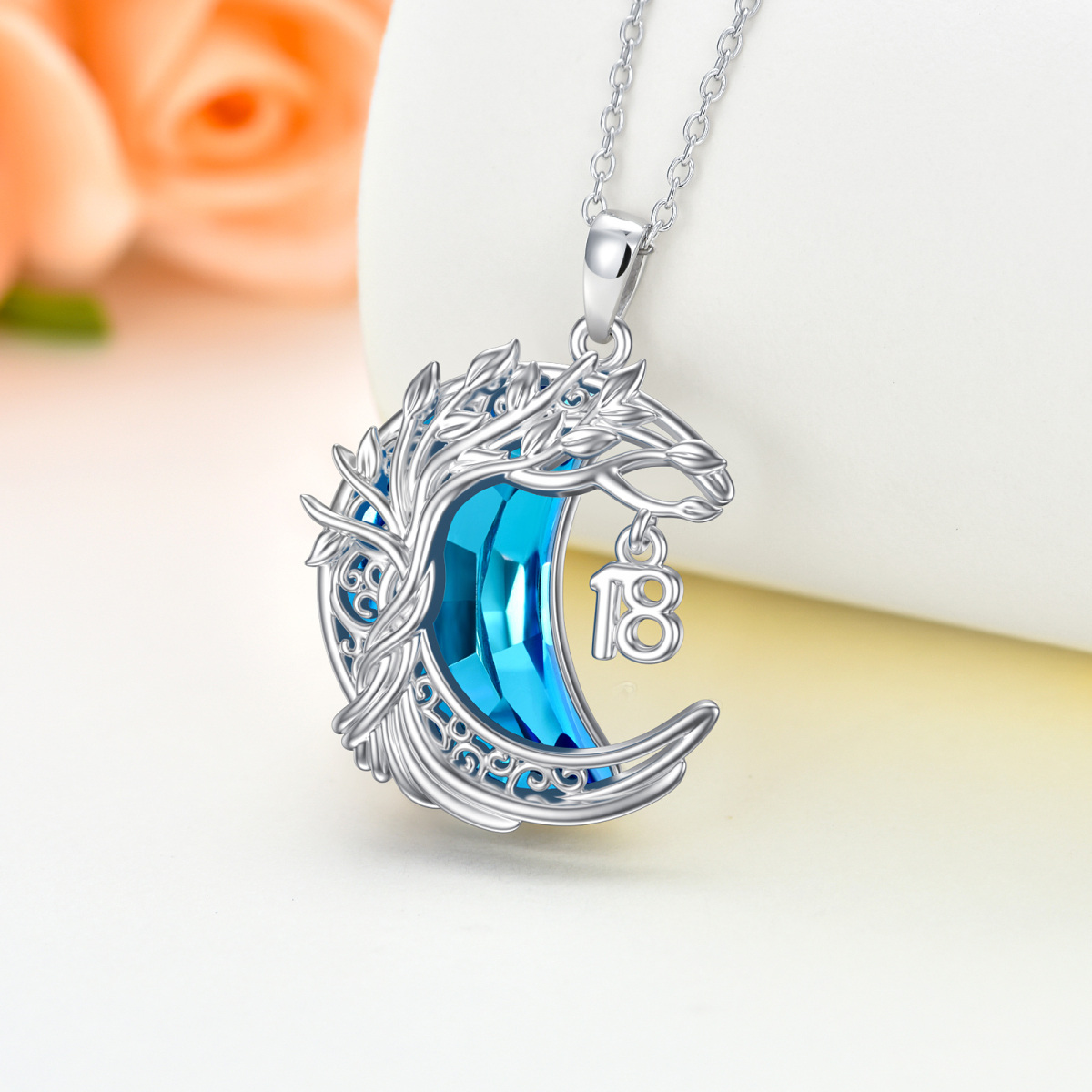 Sterling Silver Crystal Moon Pendant Necklace-1