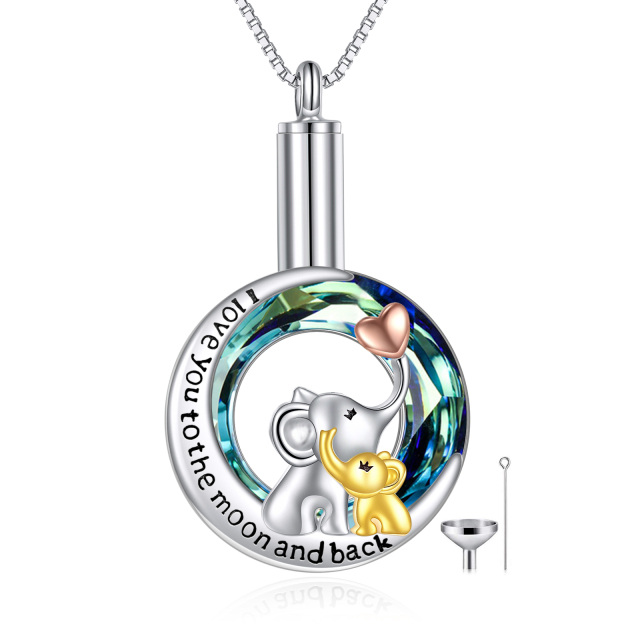 Sterling Silver Tri-tone Circular Shaped Crystal Elephant & Moon Urn Necklace for Ashes with Engraved Word-1