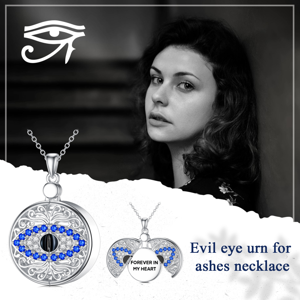 Sterling Silver Circular Shaped Crystal Personalized Engraving & Evil Eye Personalized Photo Locket Necklace-7