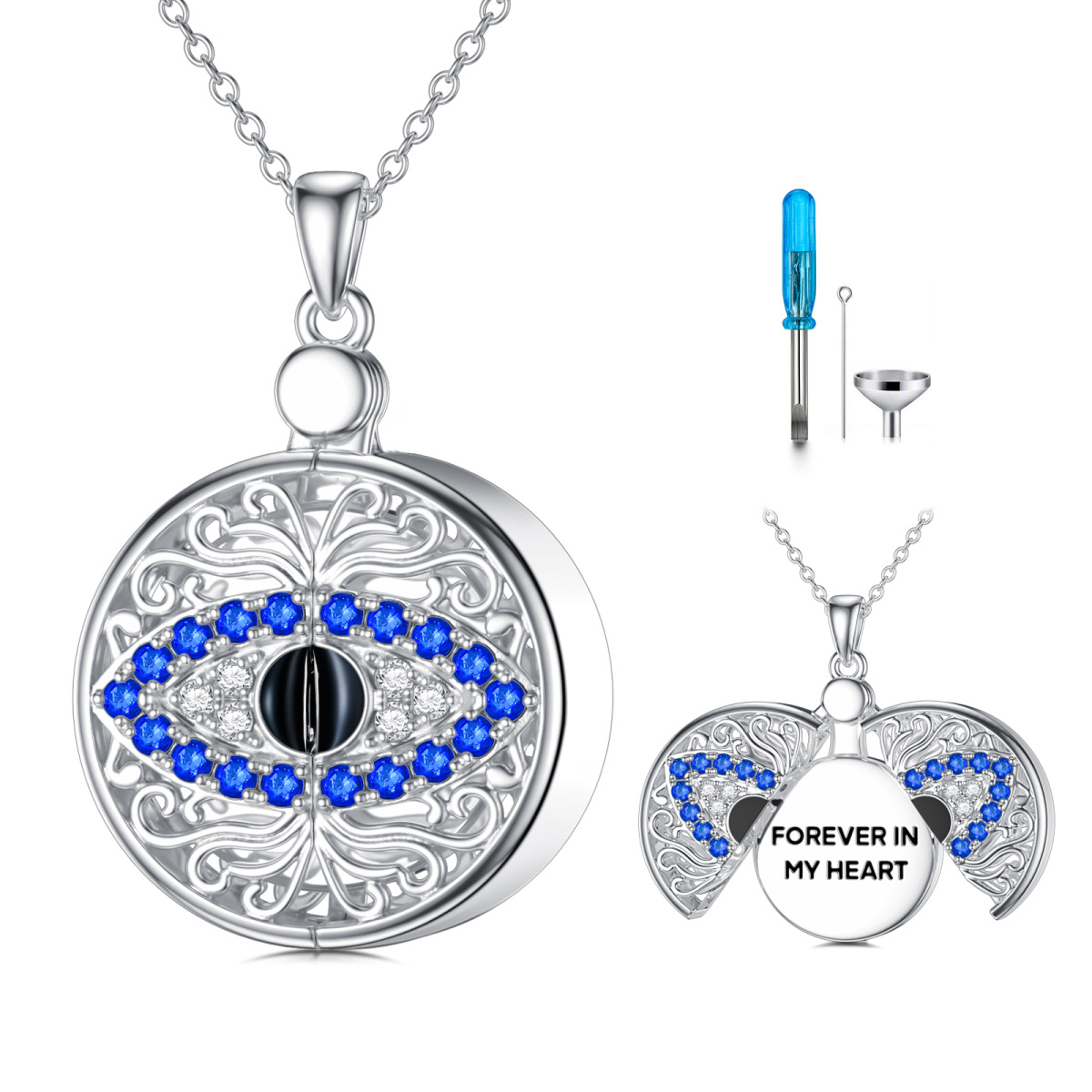 Sterling Silver Circular Shaped Crystal Personalized Engraving & Evil Eye Personalized Photo Locket Necklace-1