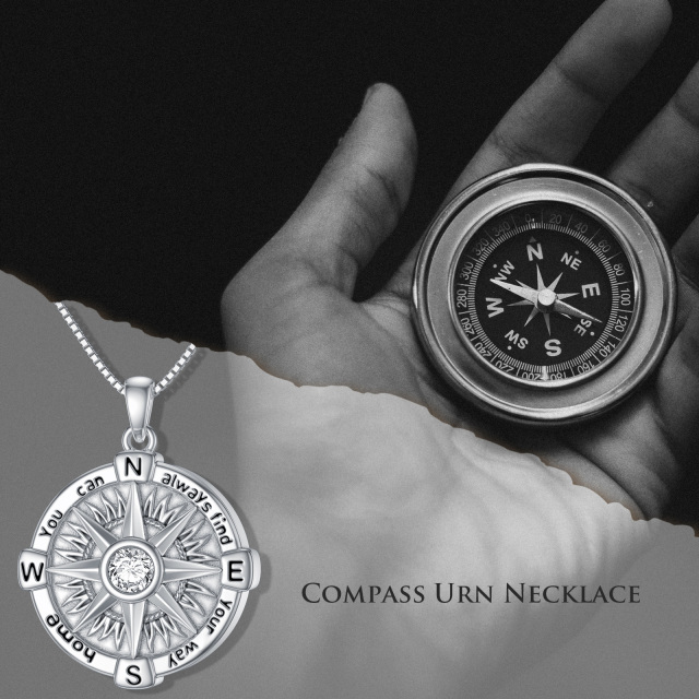 Sterling Silver Cubic Zirconia Compass Urn Necklace for Ashes-2
