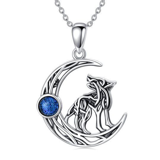 Collana con ciondolo lupo e luna in argento sterling e arenaria blu