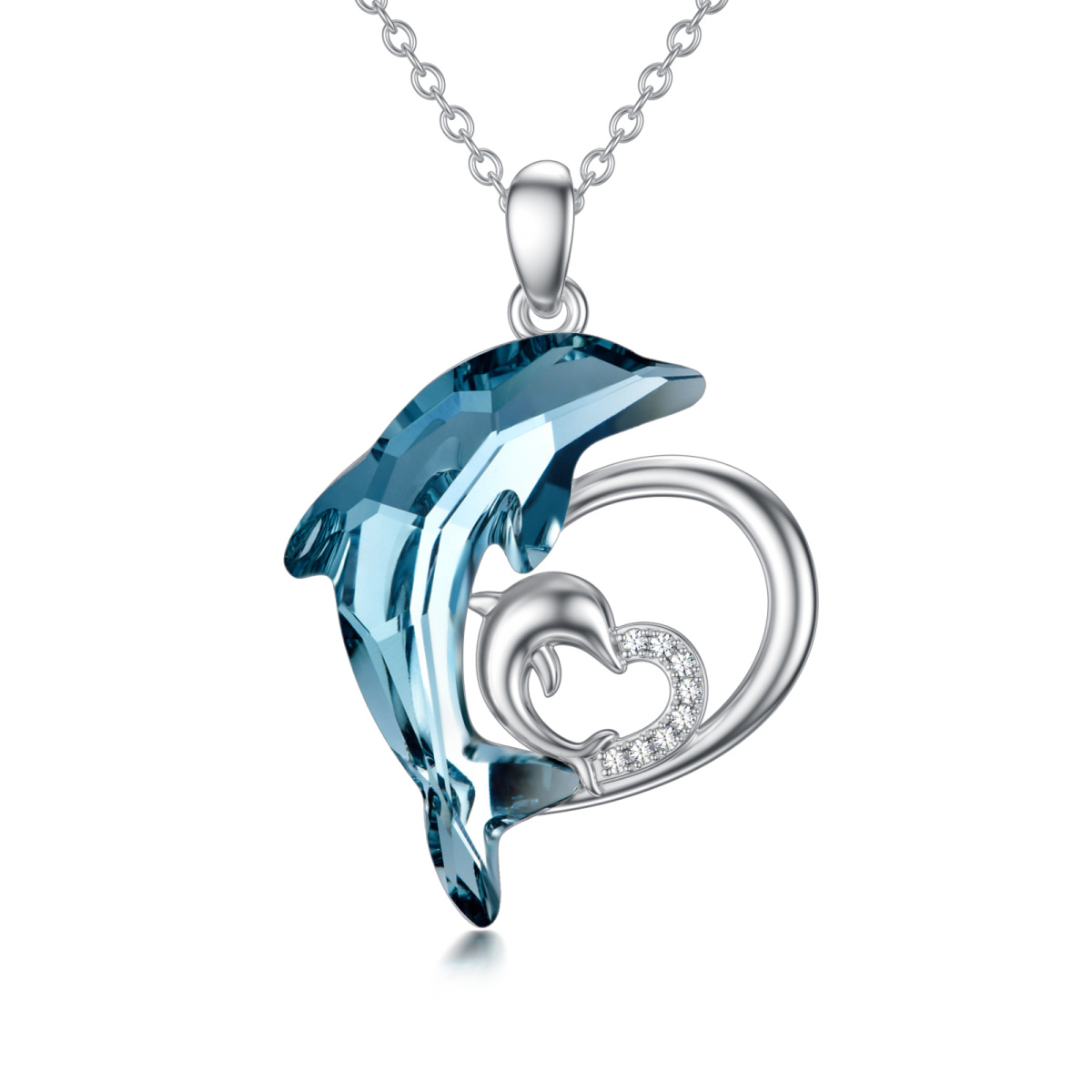Sterling Silver Blue Crystal Mama Dolphin & Baby Heart Pendant Necklace-1