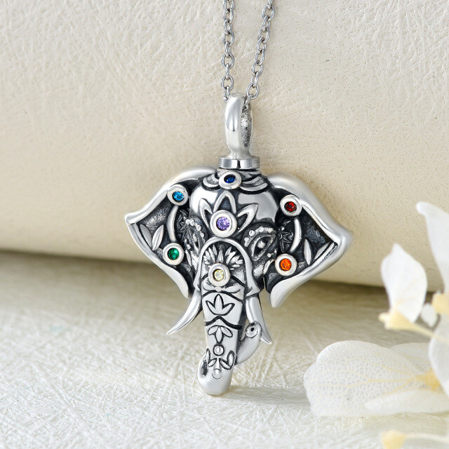 Sterling Silver Circular Shaped Cubic Zirconia Elephant & Chakras Urn Necklace for Ashes-3