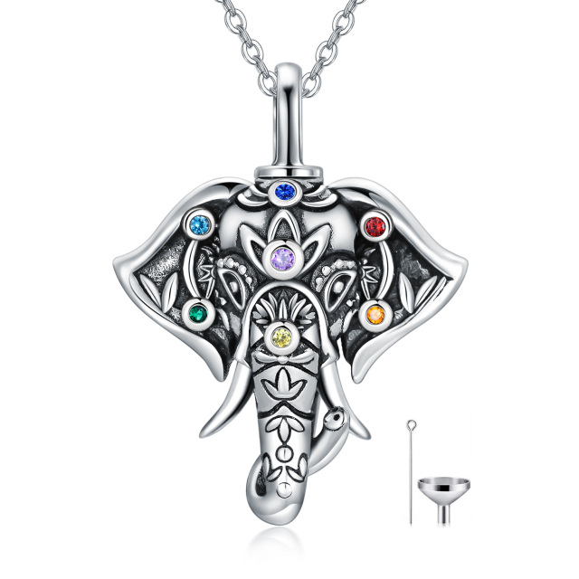Sterling Silver Circular Shaped Cubic Zirconia Elephant & Chakras Urn Necklace for Ashes-1