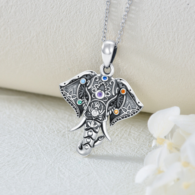 Sterling Silver Circular Shaped Cubic Zirconia Elephant & Chakras Pendant Necklace-2