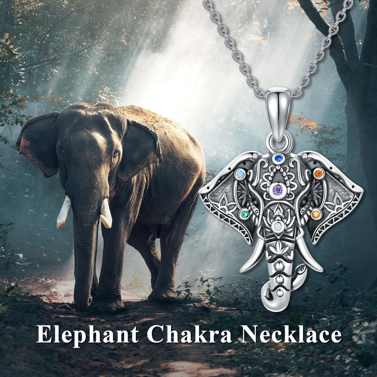 Sterling Silver Circular Shaped Cubic Zirconia Elephant & Chakras Pendant Necklace-6