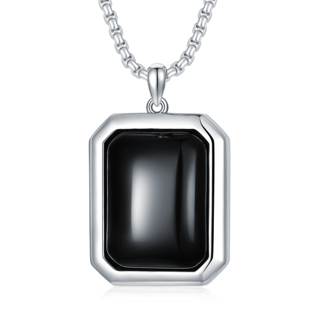 Sterling Silver Princess-square Shaped Agate Square Pendant Necklace-0