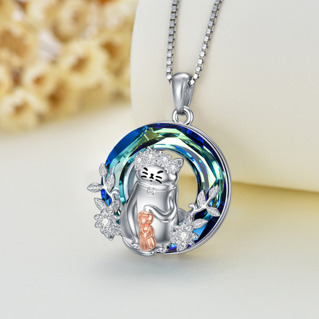 Sterling Silver Two-tone Circular Shaped Cat & Wildflowers Crystal Pendant Necklace-2