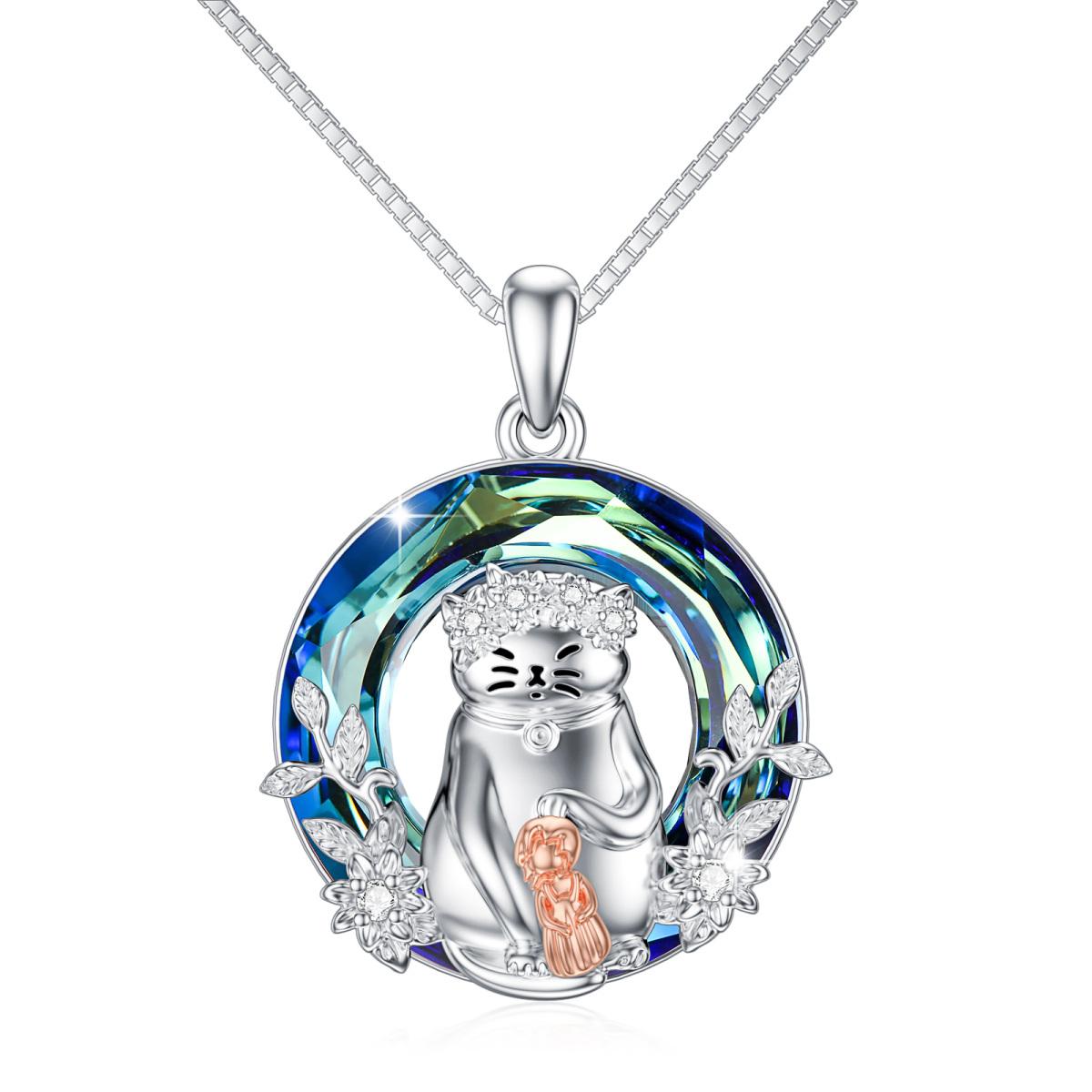 Sterling Silver Two-tone Circular Shaped Cat & Wildflowers Crystal Pendant Necklace-1