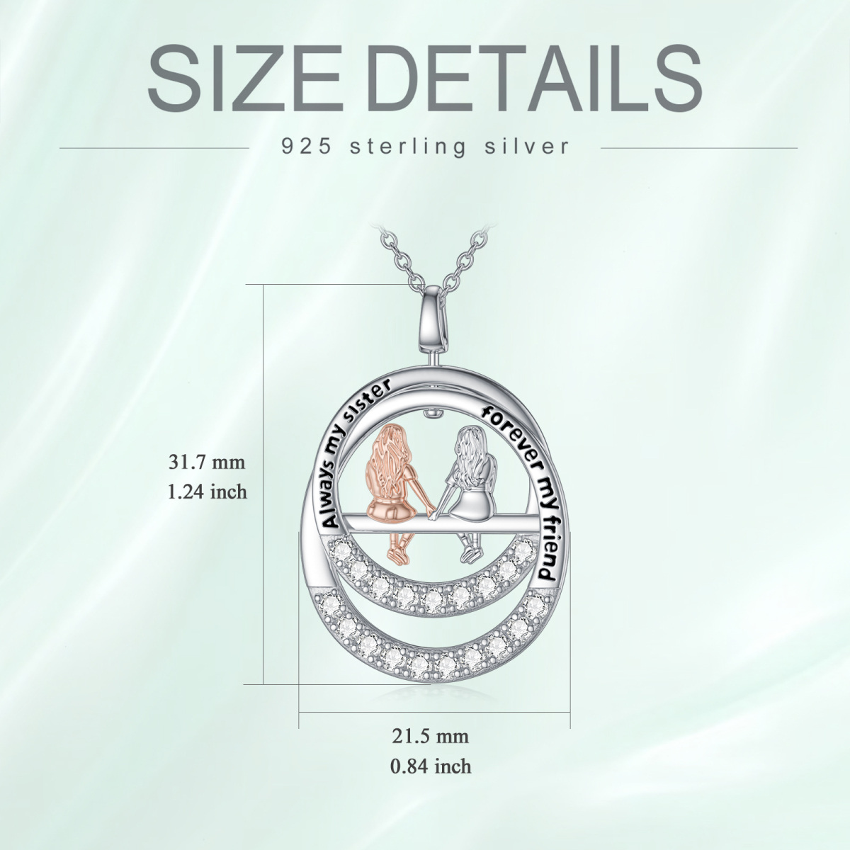 Sterling Silver Two-tone Cubic Zirconia Sisters Pendant Necklace with Engraved Word-5