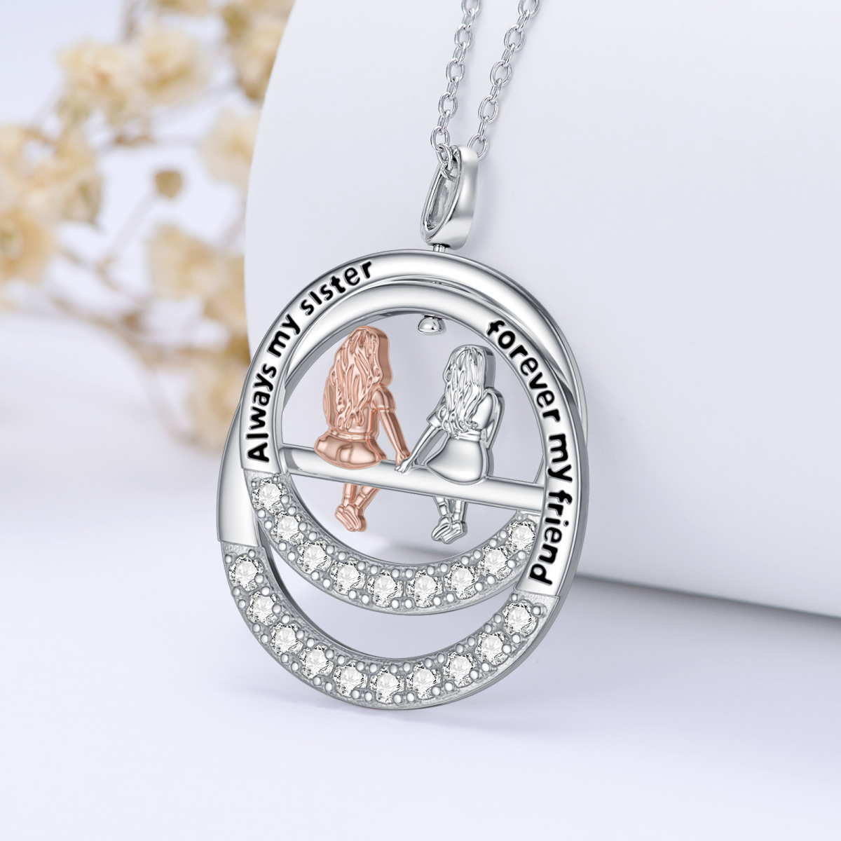 Sterling Silver Two-tone Cubic Zirconia Sisters Pendant Necklace with Engraved Word-3