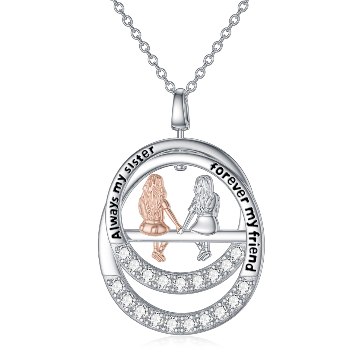 Sterling Silver Two-tone Cubic Zirconia Sisters Pendant Necklace with Engraved Word-1