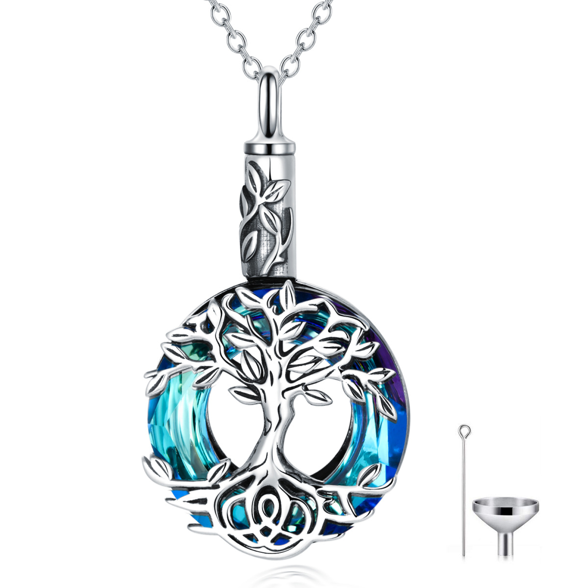 Sterling Silver Round Crystal Tree Of Life Urn Necklace for Ashes-1