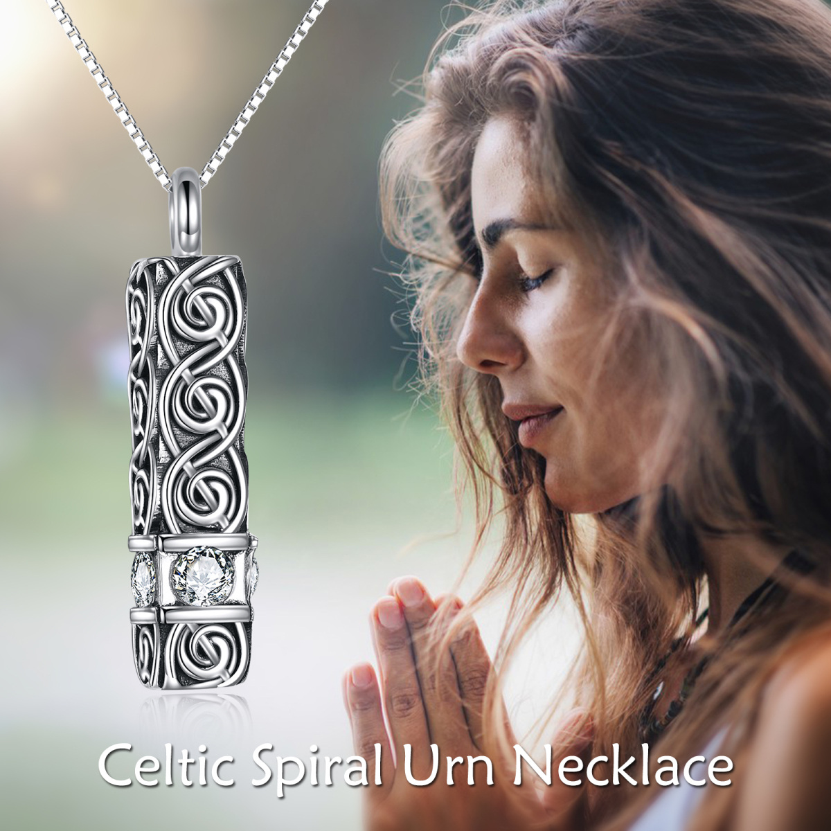Sterling Silver Circular Shaped Cubic Zirconia Celtic Spiral Knot & Square Urn Necklace for Ashes-6