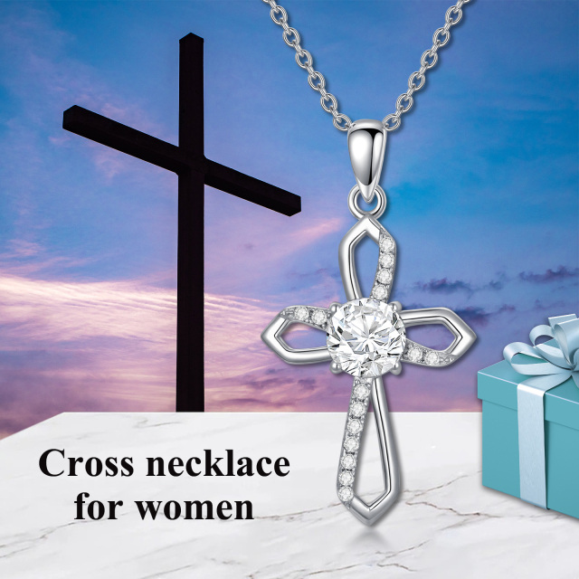 Sterling Silver Circular Shaped Moissanite Ankh & Cross Pendant Necklace-2