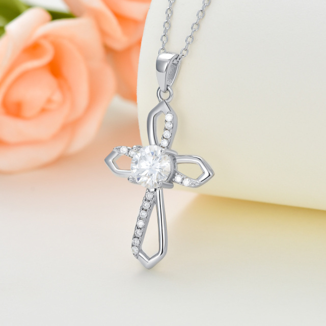 Sterling Silver Circular Shaped Moissanite Ankh & Cross Pendant Necklace-4