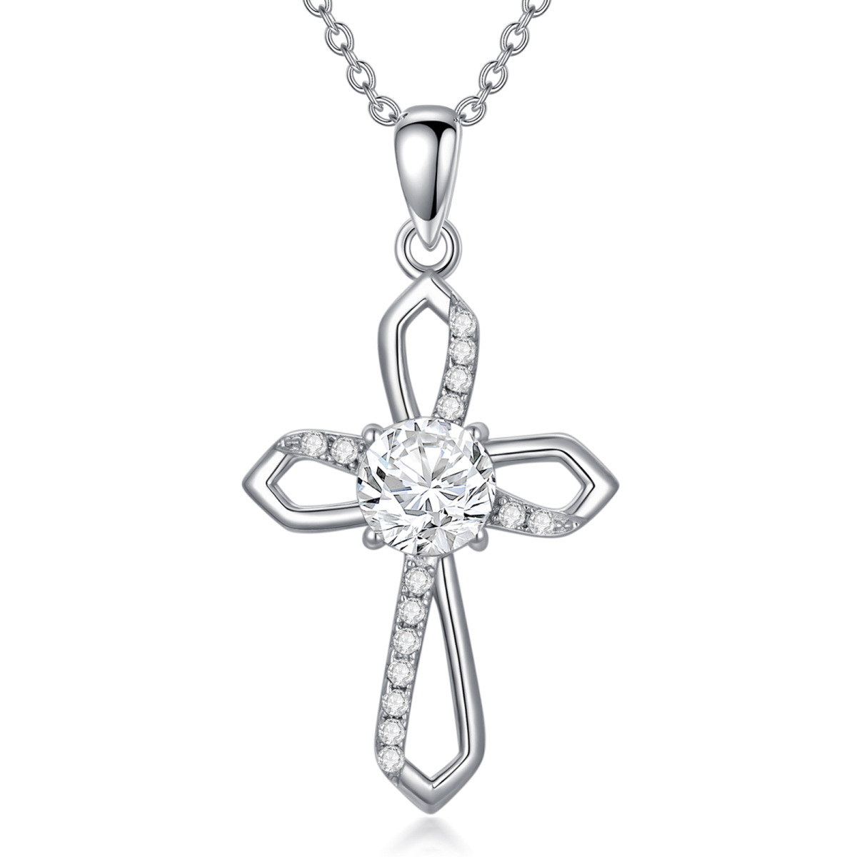 Sterling Silver Circular Shaped Moissanite Ankh & Cross Pendant Necklace-1