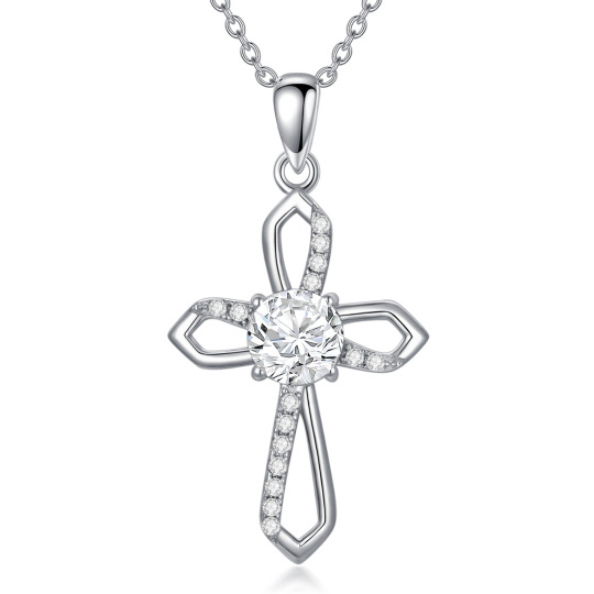 Sterling Silver Circular Shaped Moissanite Ankh & Cross Pendant Necklace