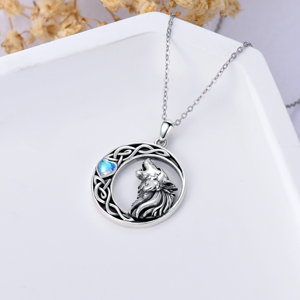 Sterling Silver Heart Shaped Moonstone Wolf & Moon Pendant Necklace-6