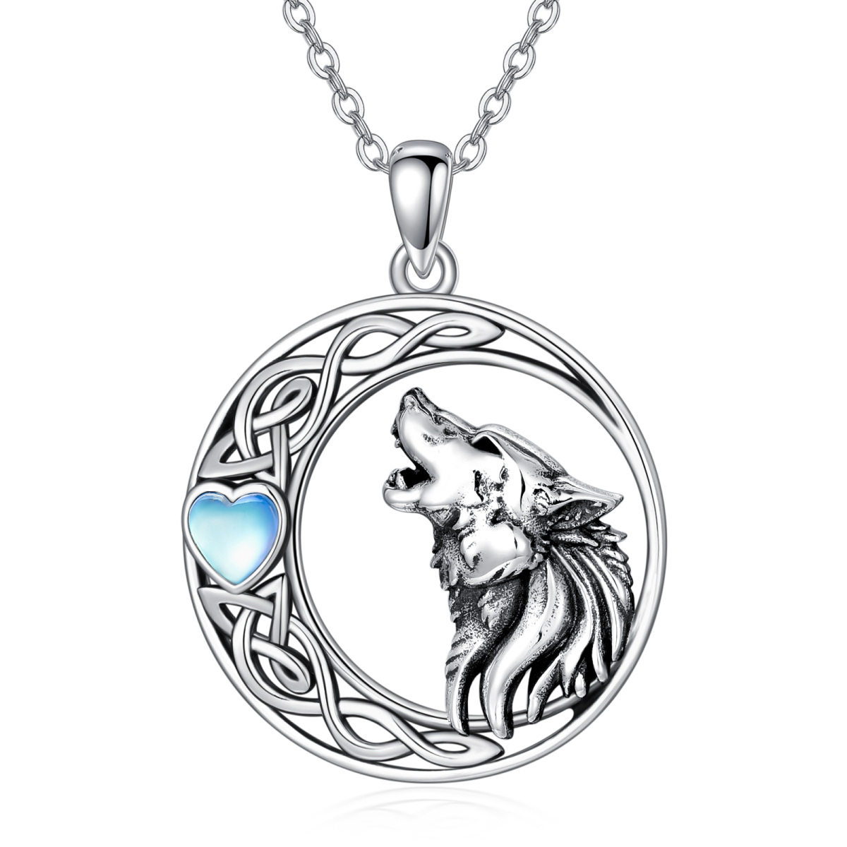 Sterling Silver Heart Shaped Moonstone Wolf & Moon Pendant Necklace-1