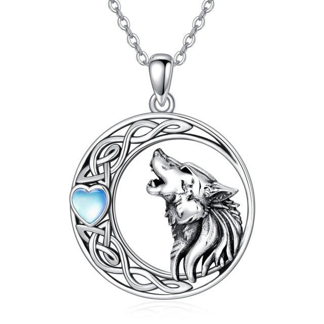 Sterling Silver Heart Shaped Moonstone Wolf & Moon Pendant Necklace-0