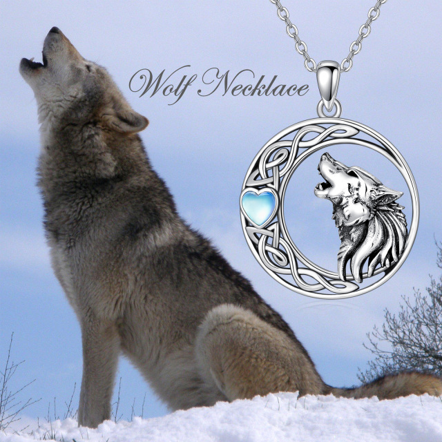 Sterling Silver Heart Shaped Moonstone Wolf & Moon Pendant Necklace-3