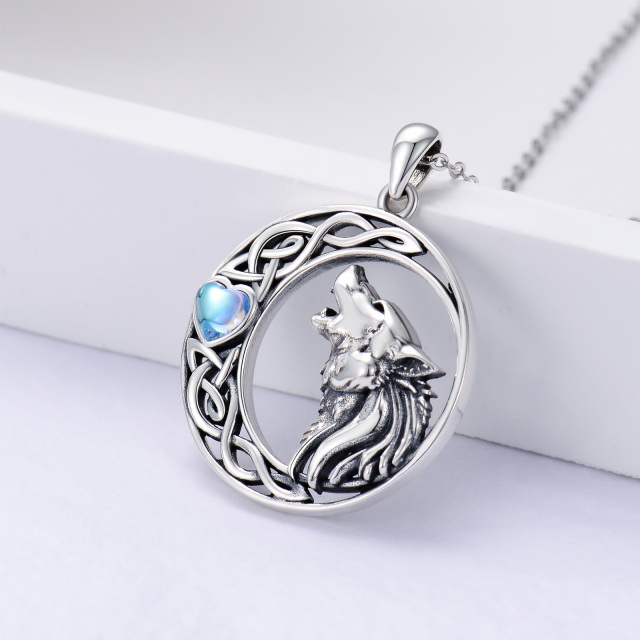 Sterling Silver Heart Shaped Moonstone Wolf & Moon Pendant Necklace-4