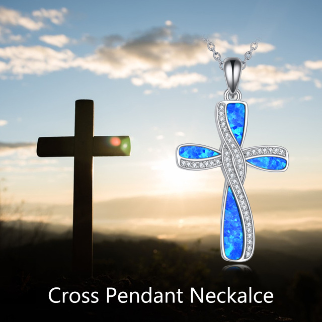 Sterling Silver Opal Cross Pendant Necklace with Engraved Word-4