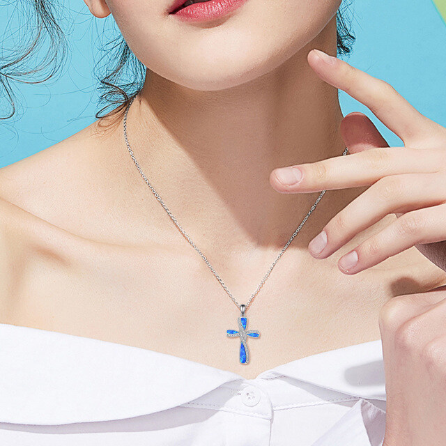 Sterling Silber Opal Kreuz Anhänger Halskette mit eingraviertem Wort-1