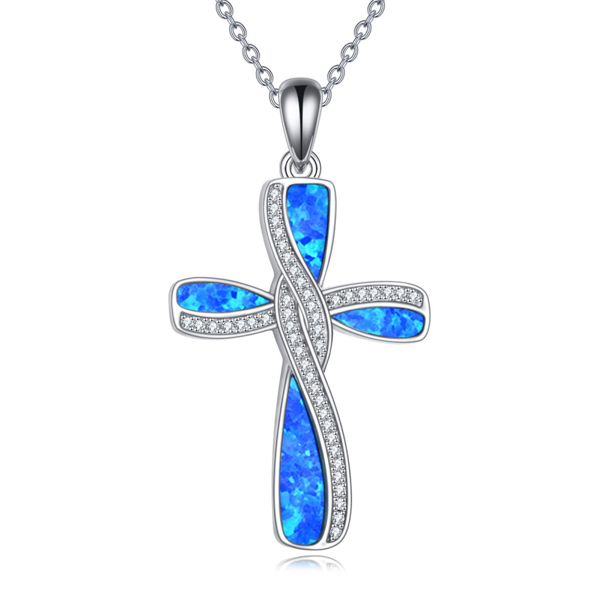 Collier en argent sterling avec pendentif croix en opale et mot gravé-1