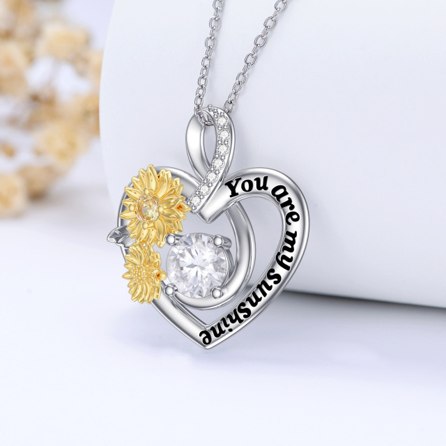 Sterling Silver Two-tone Circular Shaped Moissanite Sunflower & Heart Pendant Necklace with Engraved Word-2